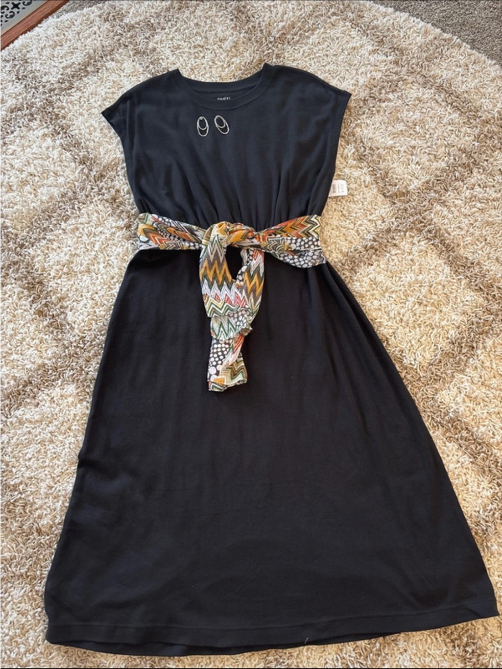 Time and Tru Black Knit Midi Dress with Multicolor Patterned Waist Sash